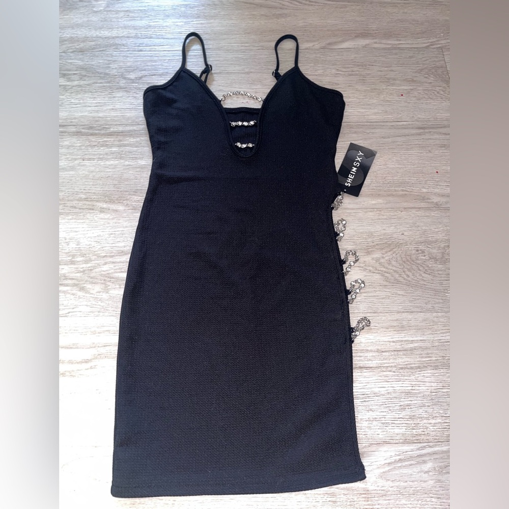 SHEIN Black Mini Dress with Crystal Strap Accents